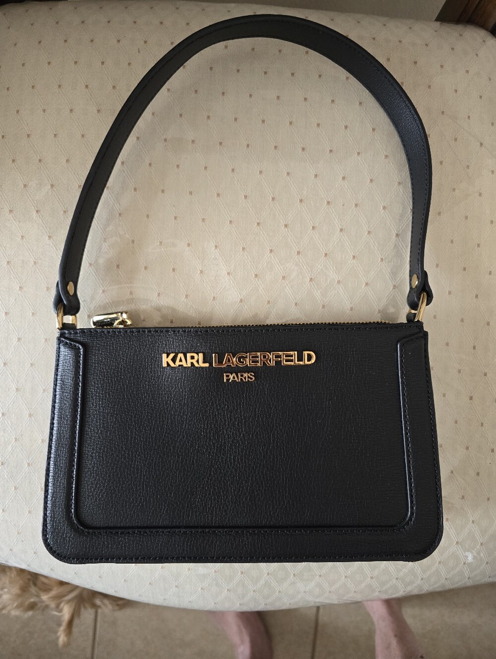 Karl Lagerfeld Black Leather Shoulder Bag with Gold Logo